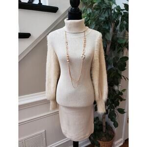 Bump Biddy Sweater Dress Maternity Beige Ribbed Puffy Fur Sleeve Turtleneck LG